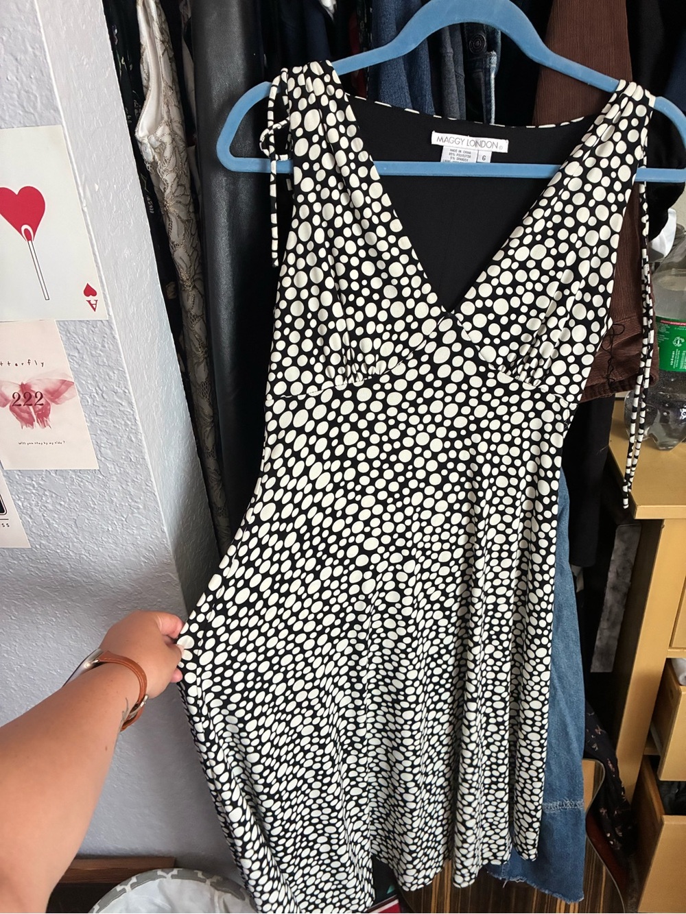 Vintage Maggy London Black & White Polka Dot V-Neck Dress